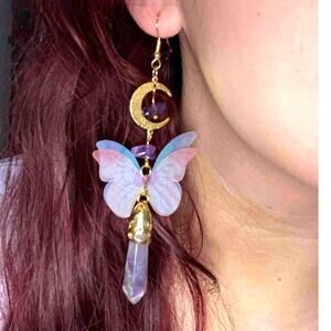 New Crystal Butterfly Gold Amethyst Quartz Druzy‎ Dangle Earrings Stone Moon